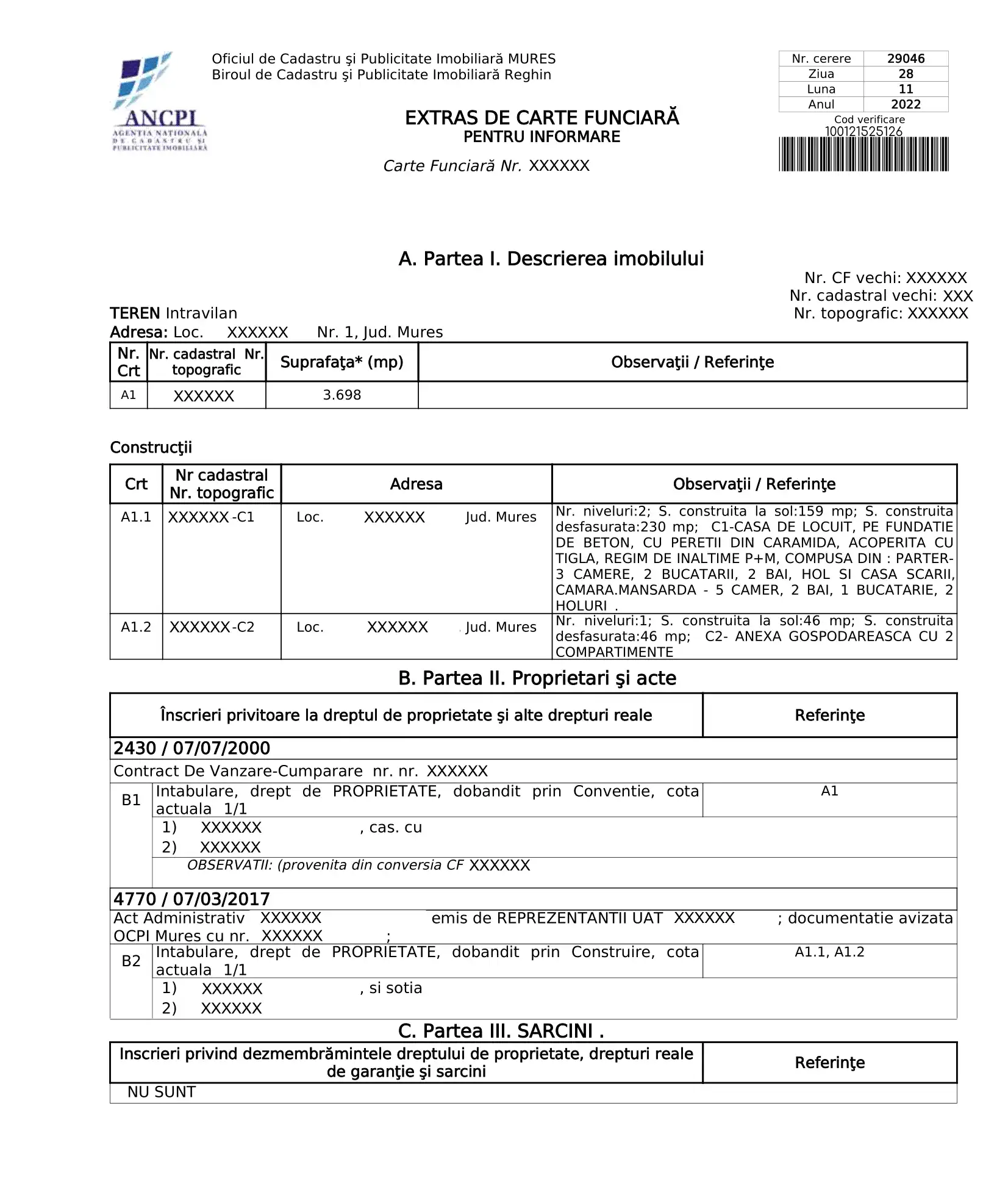 Specimen Extras Carte Funciară ANCPI
